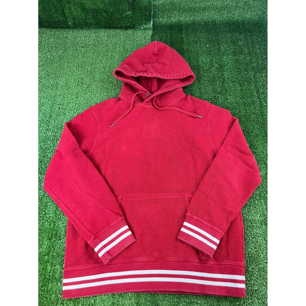 American Eagle Mens Red Heavyweight Hoodie Striped Trim Pullover Sweatshirt L